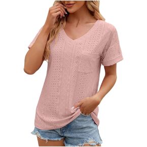 Womens V Neck Eyelet Embroidery Tops Short Sleeve Summer Dressy Casual Shirts Trendy Elegant Blouse Soft Tees