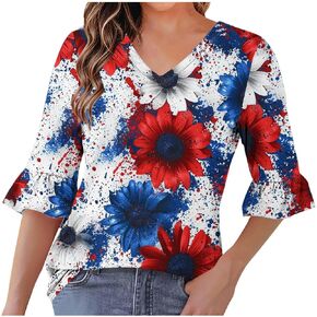 Patriotic Ladies Tops 3/4 Sleeve Flared Sleeve USA Flag 4Th July American Red White Blue Star Stripes T-Shirt
