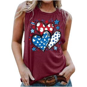 4th of July Shirts Women Funny Tank Tops Workout Heart American Flag Pride Red White Blue Stars Stripes T-Shirt Tees