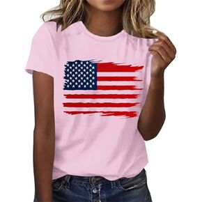 4th of July Short Sleeve Tees for Women Funny American Flag Pride Shirts Red White Blue Star Stripes Patriotic Tops