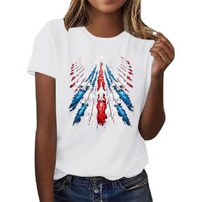 4th of July Short Sleeve Shirts for Women American Flag Pride Shirts Red White Blue Star Stripes Patriotic Tops