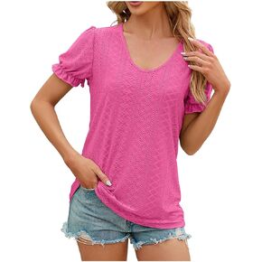 Womens Eyelet Tops Short Sleeve Summer Dressy Casual Shirts Ruffled Scoop Neck Trendy Elegant Blouse Tunic