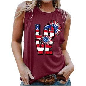 Womens 4th of July Tank Tops Sunflower USA Flag American Pride Red White Blue Star Stripes T-Shirts