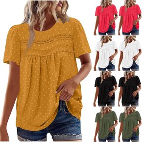Women Lace Swiss Dot Flowy Shirts Ruffle Short Sleeve Blouse Tunic Lace Crochet Trim Casual Trendy Summer Tops