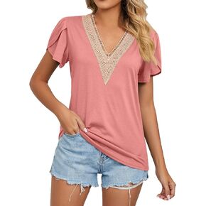 Women T Shirt V Neck Short Sleeve Lace Trim Tops Petal Short Sleeve Dressy Casual Shirts Elegant Business Blouses