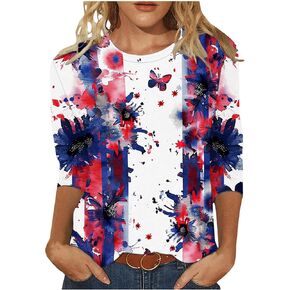Tops for Women Patriotic Shirts 3/4 Sleeve Blouses Crew Neck American Flag Pride Red White Blue Stars Stripes Shirts