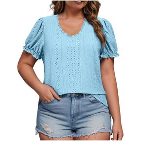 Womens Plus Size Eyelet Tops and Blouses V Neck Summer Dressy Casual Short Ruffled Sleeve Trendy Elegant Shirts