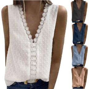 Chiffon Lace Tank Tops for Women Lace Trim V Neck Summer Dressy Casual Sleeveless Shirts Elegant Business Blouses