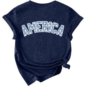American Fourth of July Womens Flag Tops USA Memorial Tshirt Short Sleeve Shirts Red White Blue Star Stripes Tees
