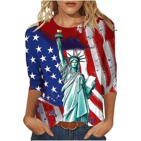 3/4 Length Sleeve Womens Tops American Flag USA Flag 4Th July American Red White Blue Star Stripe T-Shirt Plus Size