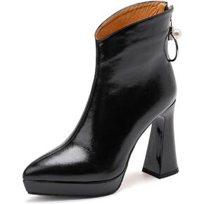 TinaCus Genuine Leather Handmade Back Zipper High Spool Heels with Platform Women's Pointed Toe Ankle Boots