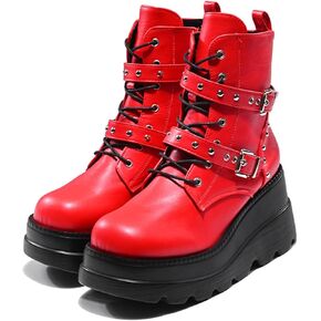 Women's Gothic Punk Ankle Boots, Black, Round Toe, Lace-Up, Combat, Wedge Heel, Casual, All Seasons