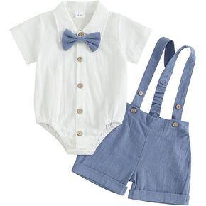 Baby Boy Gentleman Short Sleeve Lapel Neck Romper with Stripe Suspender Shorts and Bowtie
