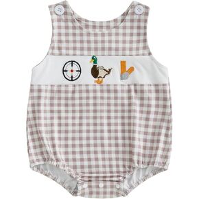Newborn Baby Boy Summer Clothes Mallard Duck Embroidery Bubble Romper Plaid Sleeveless Bodysuit Hunting Outfit