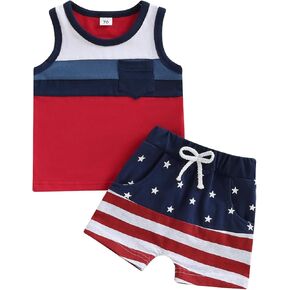 Toddler Baby Boy Summer Clothes 4th of July Independence Contrast Color Tank Tops Star Striped Shorts Outfit Set