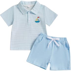 Gueuusu Toddler Baby Boy Summer Outfit Sailboat Embroidery Short Sleeve Collard Shirt Solid Shorts Set Beach Clothes
