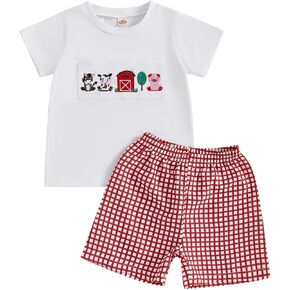 Toddler Baby Boy Clothes Farm Animal Embroidered Short Sleeve T-Shirt and Plaid Shorts Set 2Pcs Summer Outfit