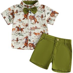 Toddler Boy Western Summer Clothes Riding Horse Button Down Short Sleeve Shirt and Shorts Set Country Baby Clothes