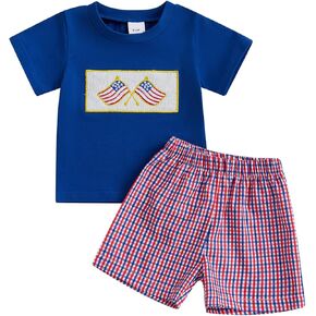 Baby Boy 4th of July Outfits American Flag Short Sleeve Shirt Plaid Shorts Fourth of July Toddler Clothes