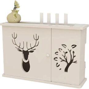 Router Shelf Wall Mounted Router Shelf Bracket with Deer Pattern Floating Shelf WiFi Storage Box Cable Organizer Power Cord Protector Hider (Color: White Size: 361024cm)