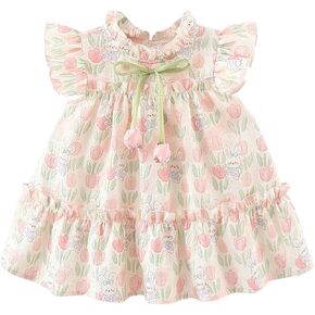 Summer Girl Dress Sweet Tulip Bunny Print Chest Bow Fly Sleeve Princess Dress