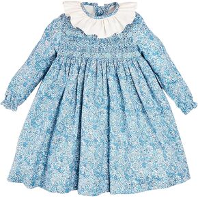 Twoflower Girls Vintage Autumn Sleeve Smocking Clothing Kids Toddler Hand Hand Floral Dresses بالكامل