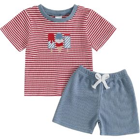 Toddler Baby Boy 4th of July Outfit Flag/Popsicle Embroidered Stripe Short Sleeve Waffle Knit T Shirt and Shorts Set