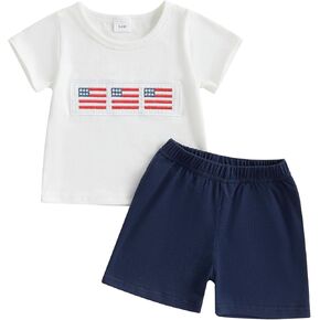 Toddler Boy Girl 4th of July Outfits Embroidery Flag Short Sleeve T Shirts and Shorts Sets 2Pcs Summer Clothes Sets