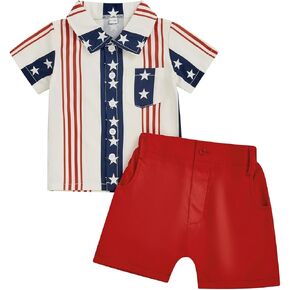 Baby Boy 4th of July Outfits USA Flag Gentlemen Suit Short Sleeve Button Up Shirts Shorts Independence Day Clothes
