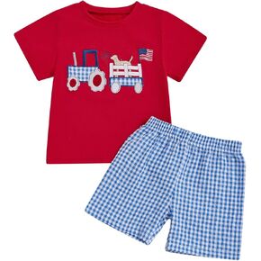 Toddler Baby Boy 4th of July Clothes Flag Dog Embroidery Short Sleeve T-shirt Plaid Stripe Shorts Set Hunting Outfit