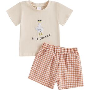 Toddler Baby Boy Girl Goose Outfit Short Sleeve Silly Goose Embroidered T-shirt Plaid Shorts 2pcs Summer Farm Clothes