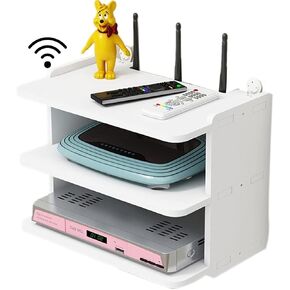 ngddf2haa Wireless Network Organizer Router Rack Three-Layer Wall-Mounted Router Storage Rack Living Room WiFi Set-Top Box Storage Rack Wire Sorting Storage Rack (Color: White Size: 30x20x23cm)