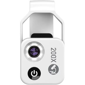 Nano Zoom 200x Pocket Microscope Camera for All Phones - Miniscope with 6 LEDs, 2 Levels of Brightness, Magnification 200x (White)