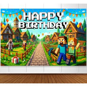 Pixel Backdrop Happy Birthday Banner Boy 6x4ft Miner Bday Sign Villager Gaming Birthday Party Decorations Videogame Themed Banner Video Game Decorations Video Game Backdrop for Boys