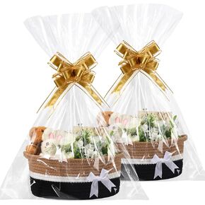 2 Pack Woven Basket for Gifts 12'' x 8'' x 5'' Bow Cute Small Chest Box with Gift Bags and Ribbons Empty Storage Rope Toy Baskets with Handle for Nursery Home Decor(Black, Khaki)