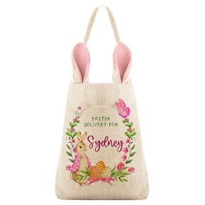 Personalized Easter Basket for Boys with Name, Blue Bunny Ears - Customized Tote Bags with Handle for Easter Eggs, Easter Gifts Bag for Kids, Canvas Personalized Candy Basket