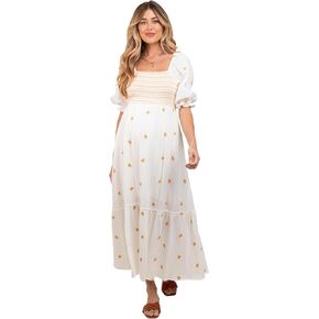 PinkBlush Gauze Smocked Embroidered Square Neck Maternity Midi Dress