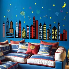 City Skyline Wall Stickers for Boys: Peel and Stick Colorful Hero City Building Stars Cityscape Silhouette Fireworks Wall Decals - Wall Decor Art Kids Supplies Ages 1-12 Year