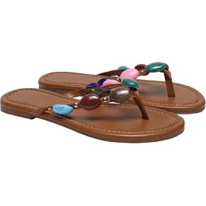 Women Jewelled Thong Strap Open Round Toe Flip Flops Comfy Slip on Flats Sandals Casual Summer Beach Slippers