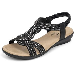 VJH confort Women's Flat Sandals Rhinestone Stretchy Strap Low Wedge Comfy Dressy Walking Sandals