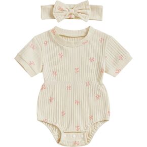 Newborn Baby Girl Romper Summer Clothes Bow Print Short Sleeve Ribbed Bodysuit Jumpsuit Headband Outfits