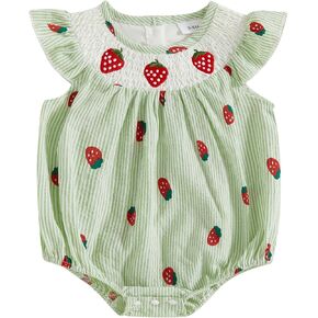Baby Girl Summer Outfits Fruit Embroidery Bubble Romper Ruffle Sleeve Strawberry Bodysuit Infant Smocked Clothes