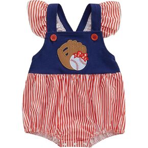 Baby Girl Baseball Outfits Fly Sleeve Stripe Print Square Neck Baseball Embroidery Romper Newborn Summer Clothes
