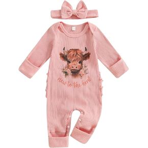 جديد على The Herd Baby Girl Western Western Highland Cow Print Long Sleeve Phemsuit Beadband Beadborn Fall Cloths