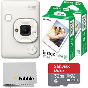 Fujifilm INSTAX Mini LiPlay Hybrid Instant Camera Bundle with 20 Sheets INSTAX Mini Film, 32GB microSD Card, USB Charging Cable, Hand Strap, Cleaning Cloth (Matcha Green)
