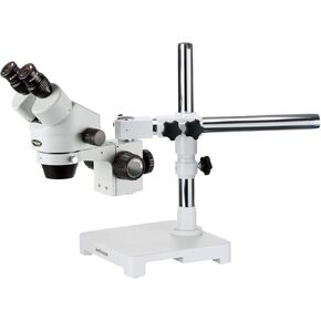 AmScope SM-3BY Professional Binocular Stereo Zoom Microscope, WH10x Eyepieces, 7X-90X Magnification, 0.7X-4.5X Zoom Objective, Ambient Lighting, Single-Arm Boom Stand, Includes 2.0x Barlow Lens