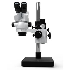 Omano OM2300S-V15-7.5X-45X - Binocular - Zoom Stereo Inspection Microscope - Premium Dual Arm Boom Stand - Continuous Glide Motion - LED Ring Light