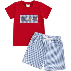 Adobabirl Toddler Baby Boy Football Outfit Short Sleeve Rugby Embroidery Tshirt with Plaid Shorts Boutique Summer Clothes