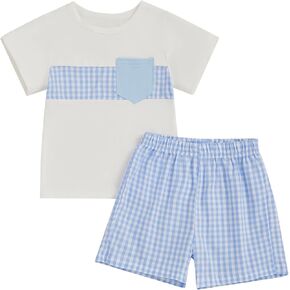 Summer Baby Boy Clothes Short Sleeve Front Pocket Tshirt Plaid Shorts Set 6 12 18 24 Months 2T 3T 4T Toddler Outfit