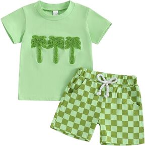 Toddler Baby Boy Clothes Beach Elements Embroidery Short Sleeve T-Shirt and Elastic Waist Shorts Set Summer Outfit